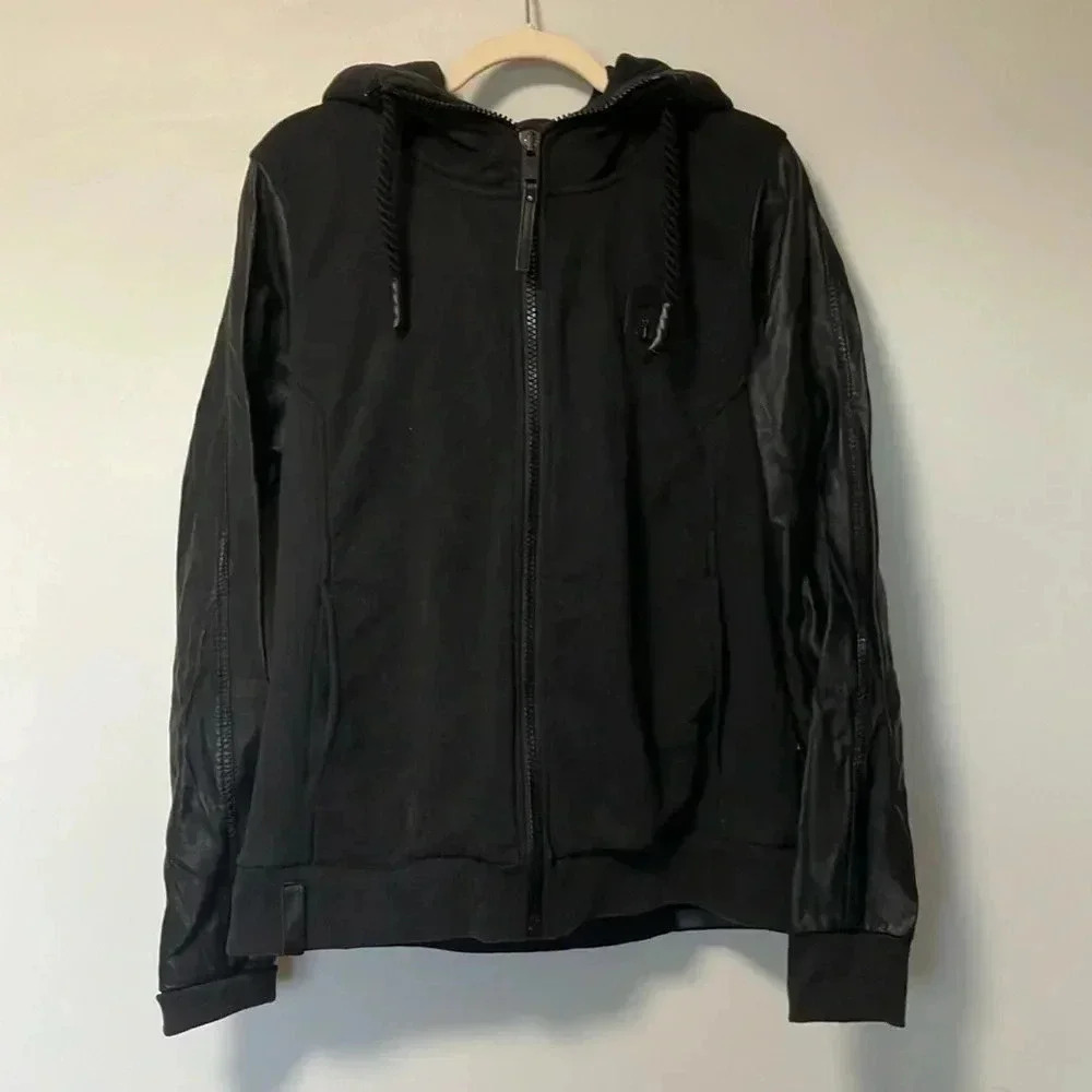 Naketano the poet’s choice black leather sleeves  full zip hoodie